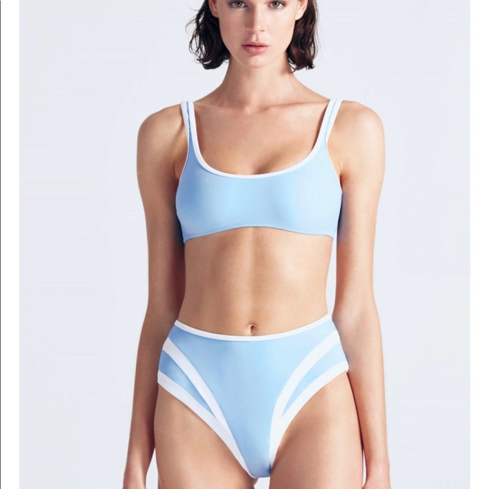 MOEVA ALLEN High Cut Bikini Bottoms in Baby Blue/White